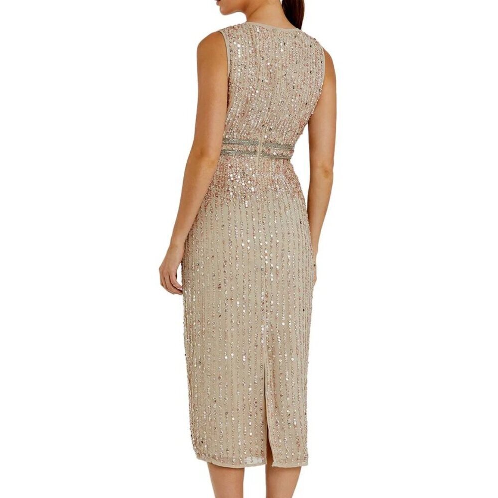 NWT Mac Duggal Nude Sequin Beaded Midi Sheath Cocktail Evening Dress 14
